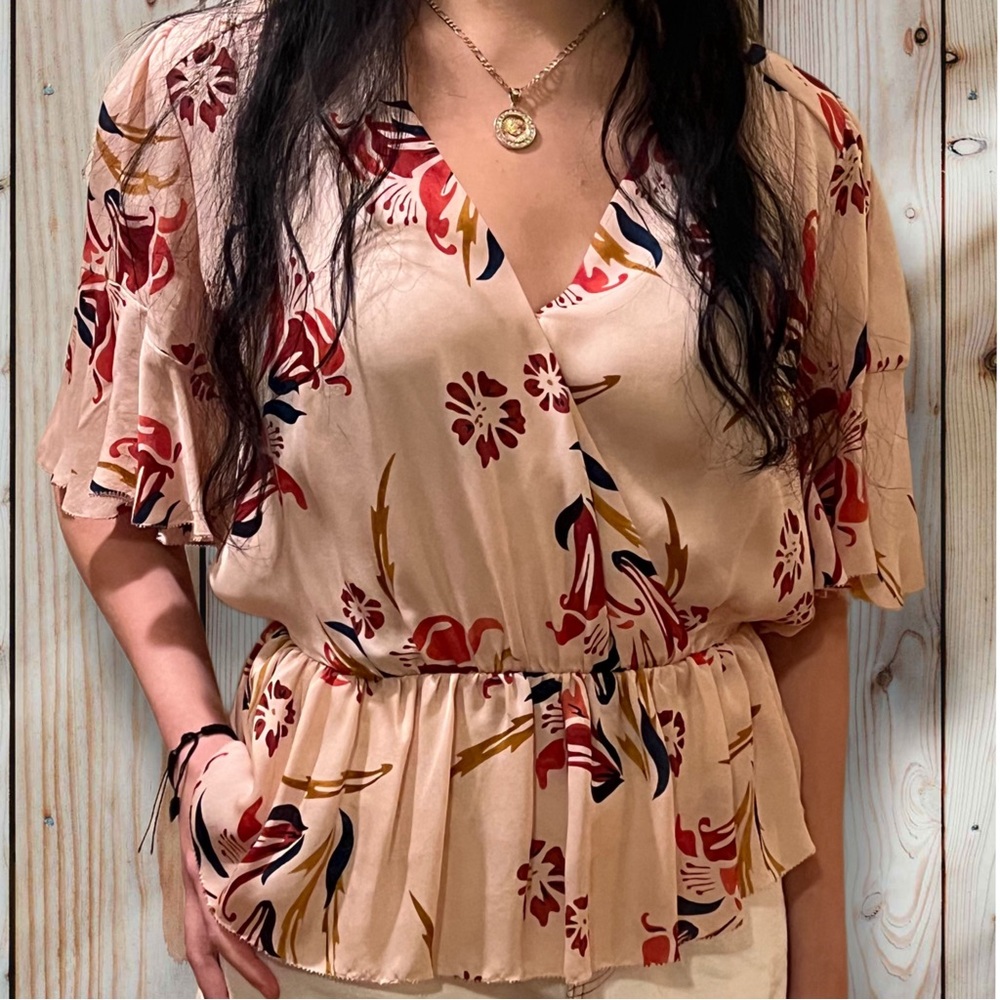 Joie Floral Tiered Pink Sky Nour Ruffle Neck Silk Blouse Size XS